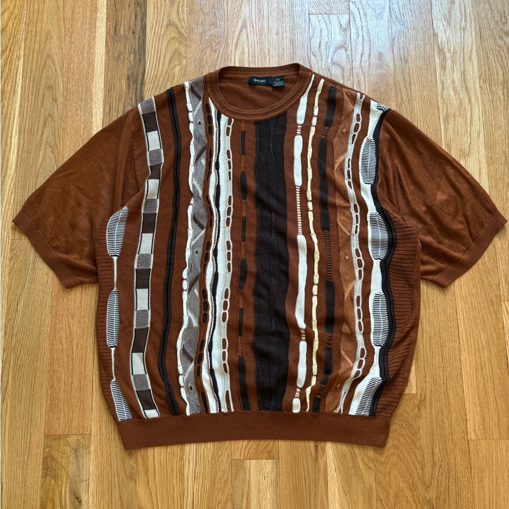 GACHU Vintage 90s Short Sleeve Knit 3D Cable Crewneck Sweater Biggie Hip Hop L